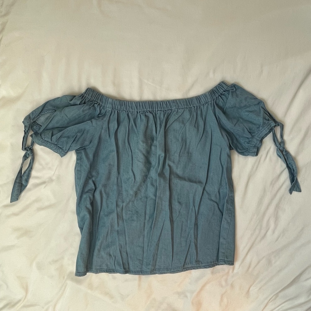 Blue off the shoulder tie shirt